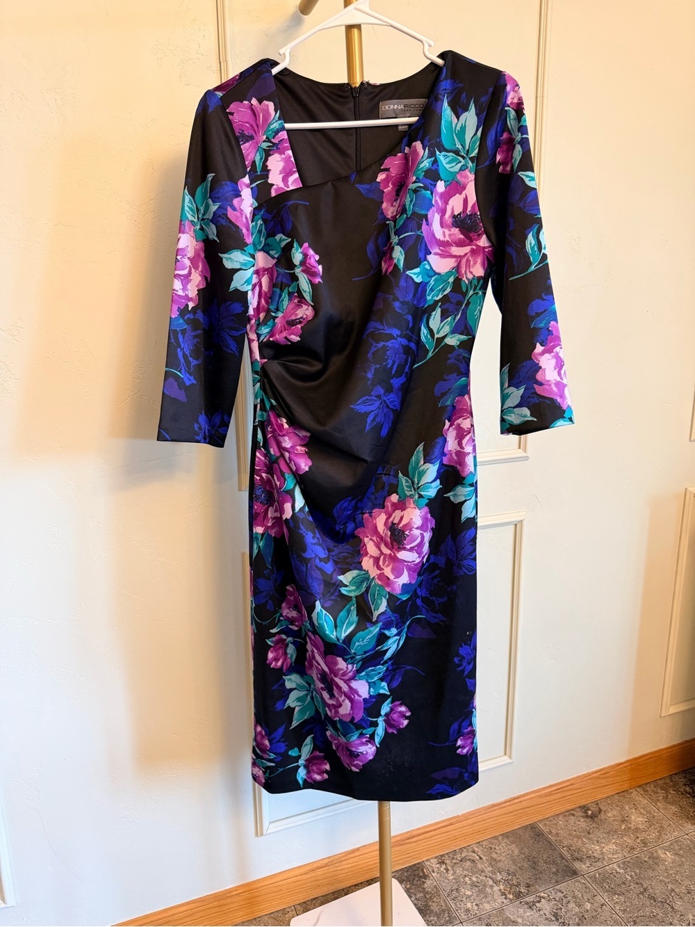 Donna Ricco Black Midi Dress Purple Floral Teal Leaves MSRP $128 - Picture 2 of 4
